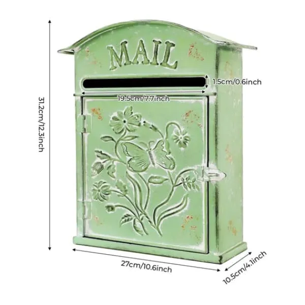 Postkasser & Brevindkast^Postkasse - Vægmonteret Til Udendørsbrug - Vintage Stil - Jern - Sommerfugl- og Blomsterdesign - Nem Montering - Grøn