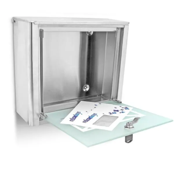 Postkasser & Brevindkast^Postkasse, Glasbrevkasse med konvolutlogo, 30.5x35.5x14 cm
