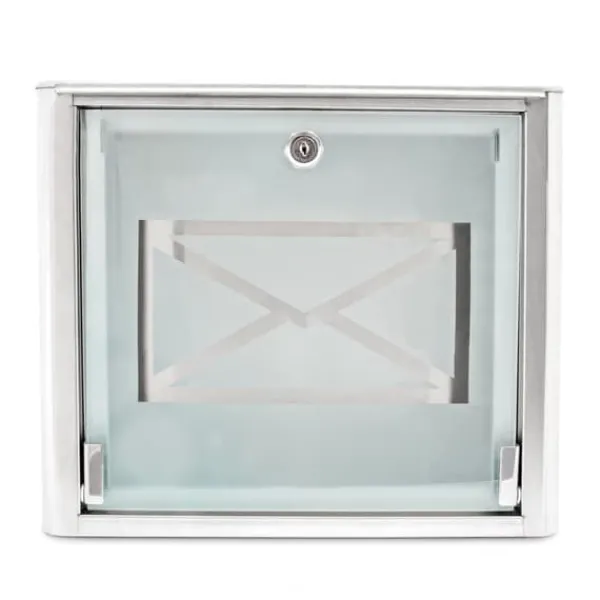 Postkasser & Brevindkast^Postkasse, Glasbrevkasse med konvolutlogo, 30.5x35.5x14 cm