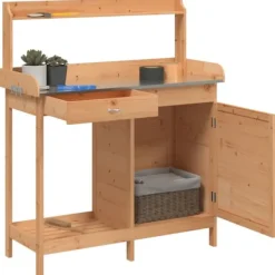 Best Pottebænk med skab i massivt grantræ | Størrelse: 110,5x45x124,5 cm | Farve: Brun Plantningsbænke