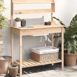 Plantningsbænke^Pottebænk med vask i massivt grantræ - Plantebord | Størrelse: 147,5x44x139,5 cm | Farve: Naturlig