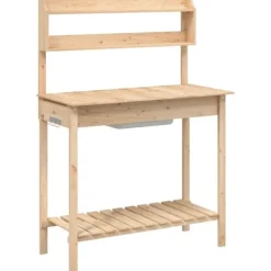 Plantningsbænke^Pottebænk med vask i massivt grantræ - Plantebord | Størrelse: 147,5x44x139,5 cm | Farve: Naturlig