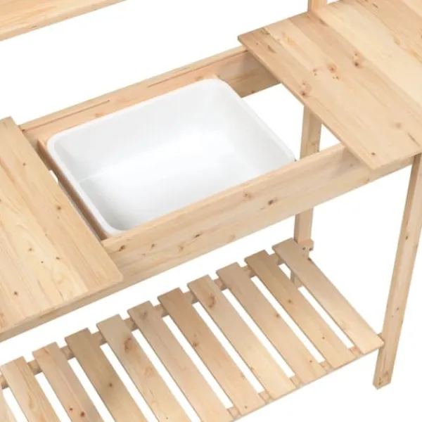 Plantningsbænke^Pottebænk med vask i massivt grantræ - Plantebord | Størrelse: 147,5x44x139,5 cm | Farve: Naturlig