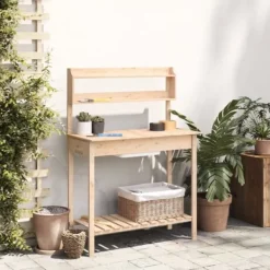 Plantningsbænke^Pottebænk med vask i massivt grantræ - Plantebord | Størrelse: 147,5x44x139,5 cm | Farve: Naturlig
