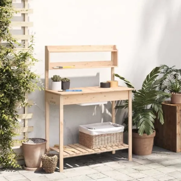 Plantningsbænke^Pottebænk med vask i massivt grantræ - Plantebord | Størrelse: 147,5x44x139,5 cm | Farve: Naturlig