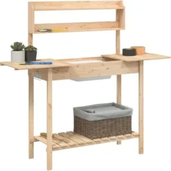 Plantningsbænke^Pottebænk med vask i massivt grantræ - Plantebord | Størrelse: 147,5x44x139,5 cm | Farve: Naturlig