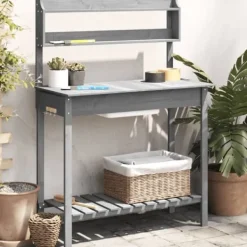 Discount Pottebænk med vask og opbevaring - Plantebord i massivt grantræ | Farve: Grå | Størrelse: 147,5x44x139,5 cm Plantningsbænke