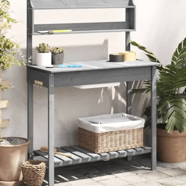 Discount Pottebænk med vask og opbevaring - Plantebord i massivt grantræ | Farve: Grå | Størrelse: 147,5x44x139,5 cm Plantningsbænke