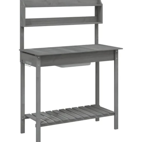 Discount Pottebænk med vask og opbevaring - Plantebord i massivt grantræ | Farve: Grå | Størrelse: 147,5x44x139,5 cm Plantningsbænke