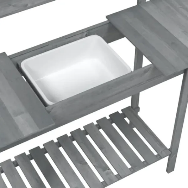 Discount Pottebænk med vask og opbevaring - Plantebord i massivt grantræ | Farve: Grå | Størrelse: 147,5x44x139,5 cm Plantningsbænke