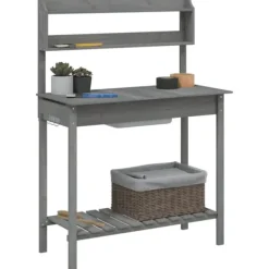 Discount Pottebænk med vask og opbevaring - Plantebord i massivt grantræ | Farve: Grå | Størrelse: 147,5x44x139,5 cm Plantningsbænke