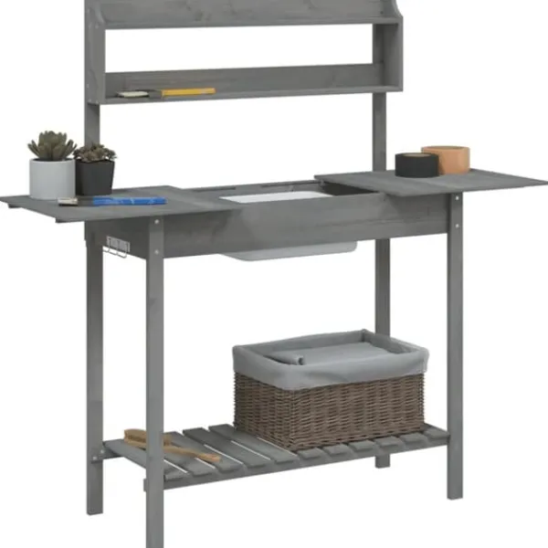 Discount Pottebænk med vask og opbevaring - Plantebord i massivt grantræ | Farve: Grå | Størrelse: 147,5x44x139,5 cm Plantningsbænke