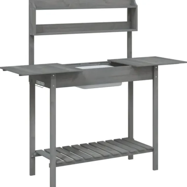 Discount Pottebænk med vask og opbevaring - Plantebord i massivt grantræ | Farve: Grå | Størrelse: 147,5x44x139,5 cm Plantningsbænke