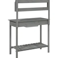 Discount Pottebænk med vask og opbevaring - Plantebord i massivt grantræ | Farve: Grå | Størrelse: 147,5x44x139,5 cm Plantningsbænke