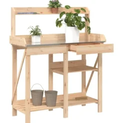 Sale Pottebord i massivt fyrretræ med hylder - Robust og slidstærkt | Farve: Natur | Størrelse: 120x60x90 cm Plantningsbænke