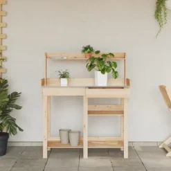 Sale Pottebord i massivt fyrretræ med hylder - Robust og slidstærkt | Farve: Natur | Størrelse: 120x60x90 cm Plantningsbænke