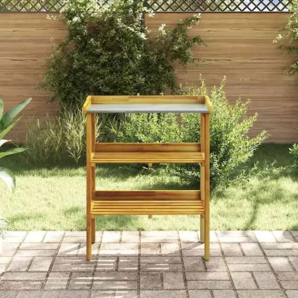Discount Potteplantebænk med 2 hylder i massivt akacietræ og zink | Farve: Natur | Størrelse: 90x40x80 cm Plantningsbænke
