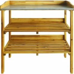 Discount Potteplantebænk med 2 hylder i massivt akacietræ og zink | Farve: Natur | Størrelse: 90x40x80 cm Plantningsbænke