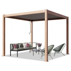 Sale PRIMEYARD Pergola 3x3 m aluminiumsstolper i træ-look med lameltag lavet af stål Buer, Spalier, Lysthuse Uden Tag