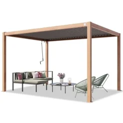 Online PRIMEYARD Pergola 3x4 m aluminiumsstolper i træ-look med lameltag lavet af stål Buer, Spalier, Lysthuse Uden Tag