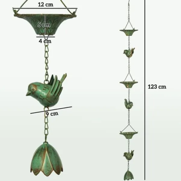 Havedekorationer^Regnkæde 3-pak, 123 cm, metal med fugle & klokke, med ophæng, grøn