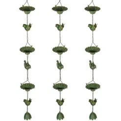 Havedekorationer^Regnkæde 3-pak, 123 cm, metal med fugle & klokke, med ophæng, grøn