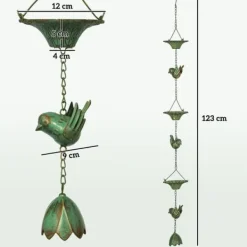 Havedekorationer^Regnkæde 3-pak, 123 cm, metal med fugle & klokke, med ophæng, grøn