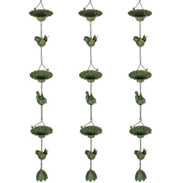 Havedekorationer^Regnkæde 3-pak, 123 cm, metal med fugle & klokke, med ophæng, grøn