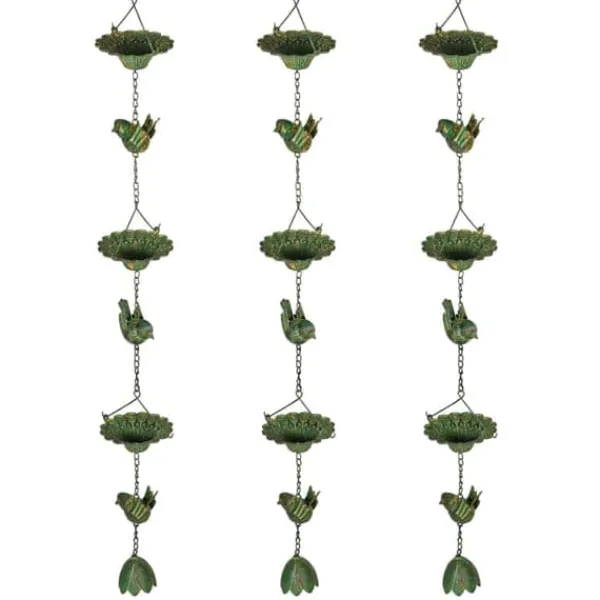 Online Regnkæde 3-pak, 123 cm, metal med fugle & klokke, med ophæng, grøn Havedekorationer