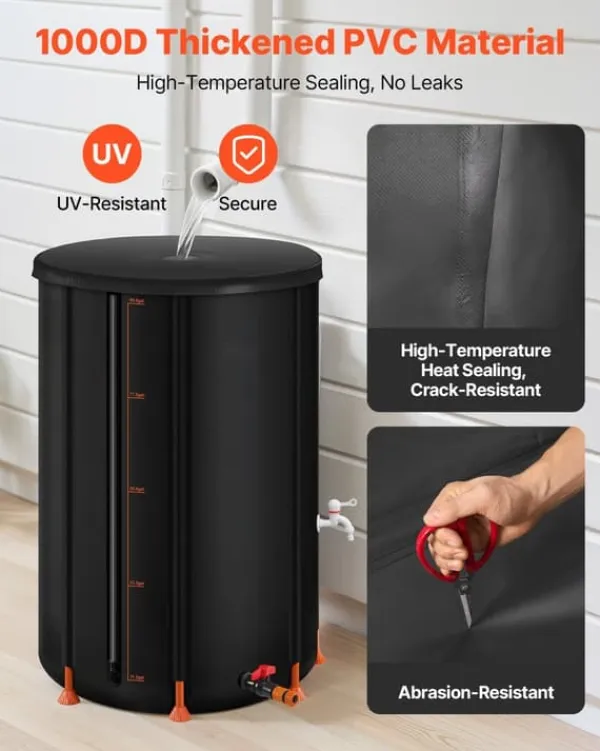 Discount Regnvandstønde - Regnvandsopsamler - 380 L Kapacitet - Sammenklappelig - 1000D PVC - Med taphane og overløbssæt - Bærbar - Sort Regntønder
