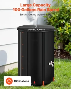 Discount Regnvandstønde - Regnvandsopsamler - 380 L Kapacitet - Sammenklappelig - 1000D PVC - Med taphane og overløbssæt - Bærbar - Sort Regntønder