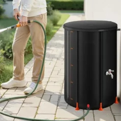 Best Regnvandstønde - Sammenklappelig Regnvandstank 250 L - 500D PVC - Med Tappehane og Overløbssæt - Bærbar - Sort Regntønder