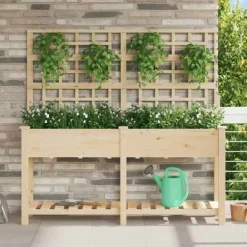 Plantningsbænke^Rektangulær havekasse med espalier og hylde - Holdbart fyrretræ | Farve: Beige | Størrelse: 161x46x152.5 cm