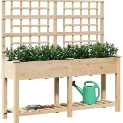 Plantningsbænke^Rektangulær havekasse med espalier og hylde - Holdbart fyrretræ | Farve: Beige | Størrelse: 161x46x152.5 cm