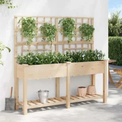 Plantningsbænke^Rektangulær havekasse med espalier og hylde - Holdbart fyrretræ | Farve: Beige | Størrelse: 161x46x152.5 cm