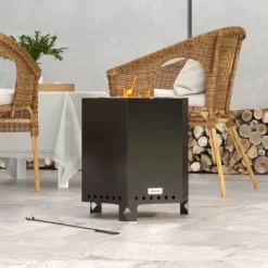 Pejse^Røgfrit bordildfad i metal, sort, med ildgaffel til have/terrasse/camping