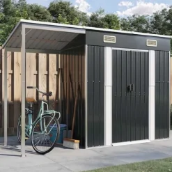 Skure, Garager & Carports^Robust haveskur i stål med udvidet tag - Optimeret opbevaring | Farve: Antracitgrå | Størrelse: 277x107x181 cm