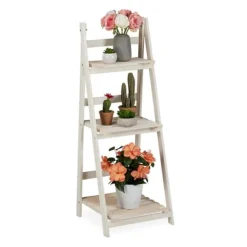 Clearance Robust hvid trætrappe med blomstermotiv Plantestativer