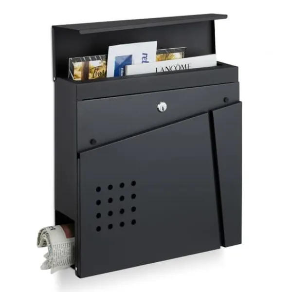 Postkasser & Brevindkast^Robust sort postkasse med avisrum
