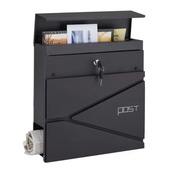 Postkasser & Brevindkast^Robust sort postkasse med avisrum