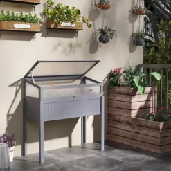 Drivhus^Rootz - Højt drivhus - Forhøjet drivhus - 2-i-1 trædrivhus - Med forhøjet havekasse - Højbed - Oplukkelig top til blomster - Grå - 120 x 54 x 112/122 | CDON