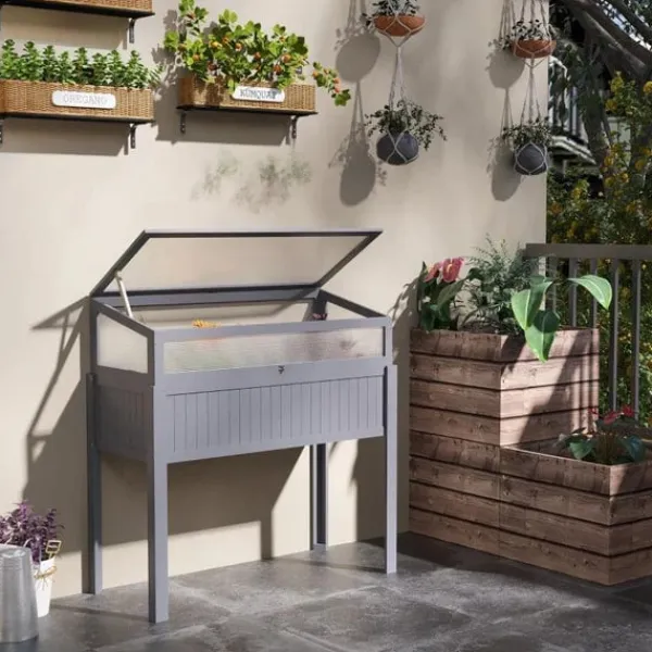 Drivhus^Rootz - Højt drivhus - Forhøjet drivhus - 2-i-1 trædrivhus - Med forhøjet havekasse - Højbed - Oplukkelig top til blomster - Grå - 120 x 54 x 112/122 | CDON