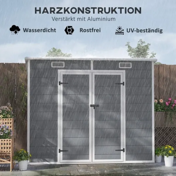 Skure, Garager & Carports^Rootz 2,4 x 1,3 m havehus - skur - opbevaringsenhed - vejr og UV -resistent - 238 cm x 125 cm x 165/183 cm - grå