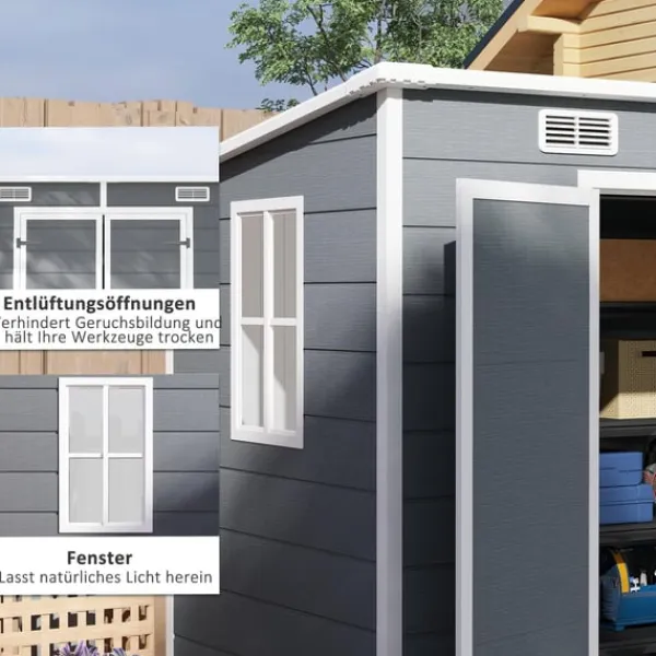 Skure, Garager & Carports^Rootz 2,4 x 1,3 m havehus - skur - opbevaringsenhed - vejr og UV -resistent - 238 cm x 125 cm x 165/183 cm - grå