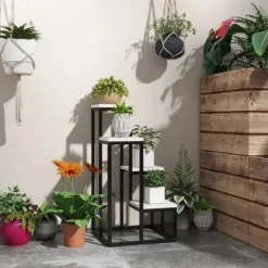 Online Rootz blomsterhylde - 4 etagers plantehylde - blomsterstativ - indendørs og udendørs - metalramme - grantræ - sort + hvid - 34L x 34W x 70H cm Plantestativer