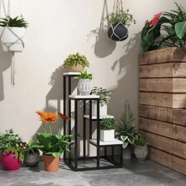 Online Rootz blomsterhylde - 4 etagers plantehylde - blomsterstativ - indendørs og udendørs - metalramme - grantræ - sort + hvid - 34L x 34W x 70H cm Plantestativer