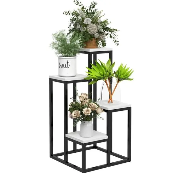 Online Rootz blomsterhylde - 4 etagers plantehylde - blomsterstativ - indendørs og udendørs - metalramme - grantræ - sort + hvid - 34L x 34W x 70H cm Plantestativer