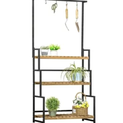 Discount Rootz blomsterstativ - 3-etagers plantestativ med fastgørelseskroge - plantestativ i naturtræ - naturlig - 80 cm x 36 cm x 174 cm Plantestativer