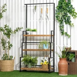 Discount Rootz blomsterstativ - 3-etagers plantestativ med fastgørelseskroge - plantestativ i naturtræ - naturlig - 80 cm x 36 cm x 174 cm Plantestativer