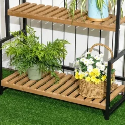 Discount Rootz blomsterstativ - 3-etagers plantestativ med fastgørelseskroge - plantestativ i naturtræ - naturlig - 80 cm x 36 cm x 174 cm Plantestativer